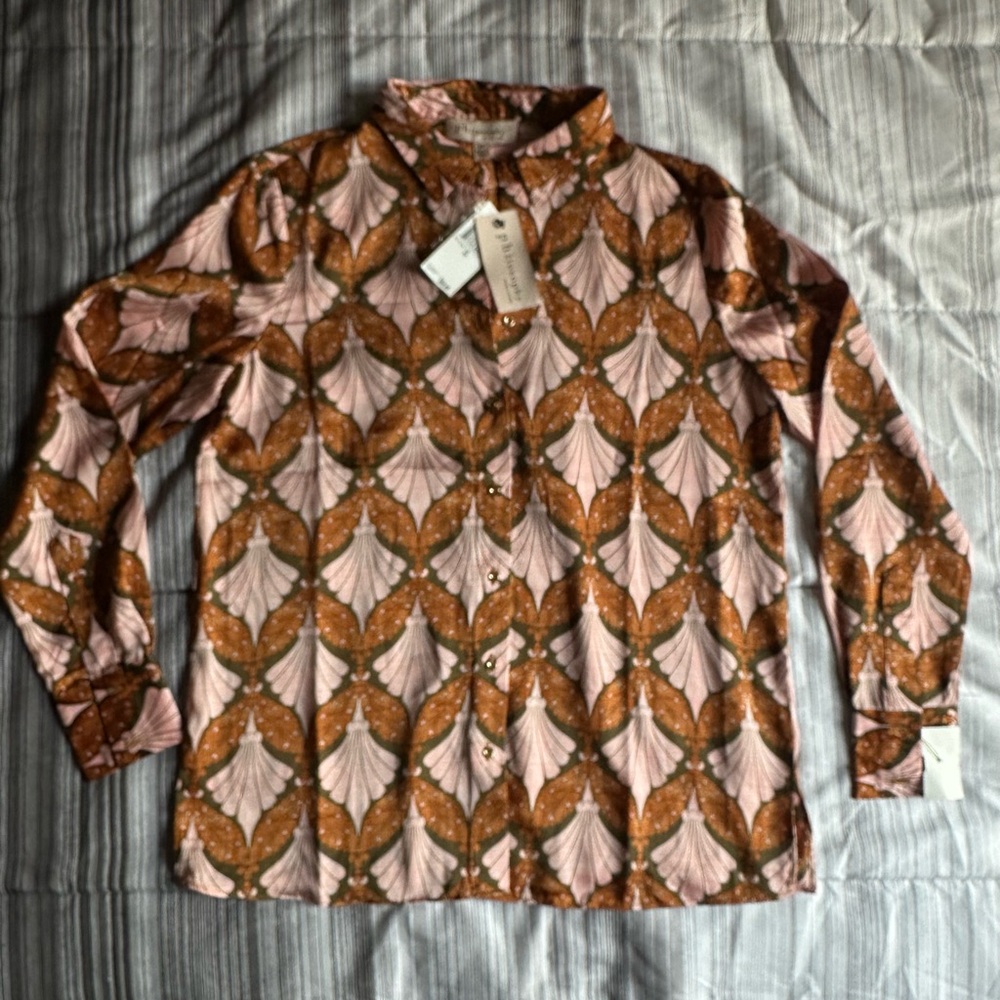 Philosophy Casual Button Down‎ Shirt Brown and Pink Geometric